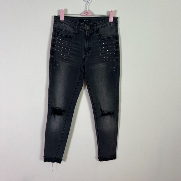 KanCan Black Studded Ripped Denim Cropped Ankle Jeans Women Size 7 / 27 - Picture 1 of 9